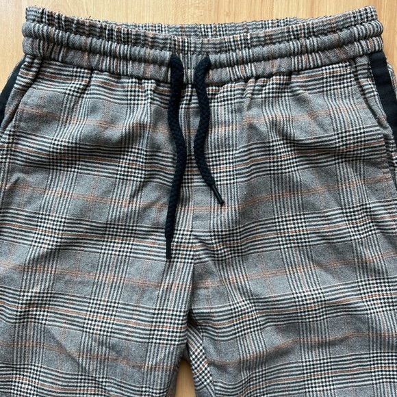 Brown, black and burnt orange plaid elastic waist, comfortable straight leg pant - Picture 3 of 6